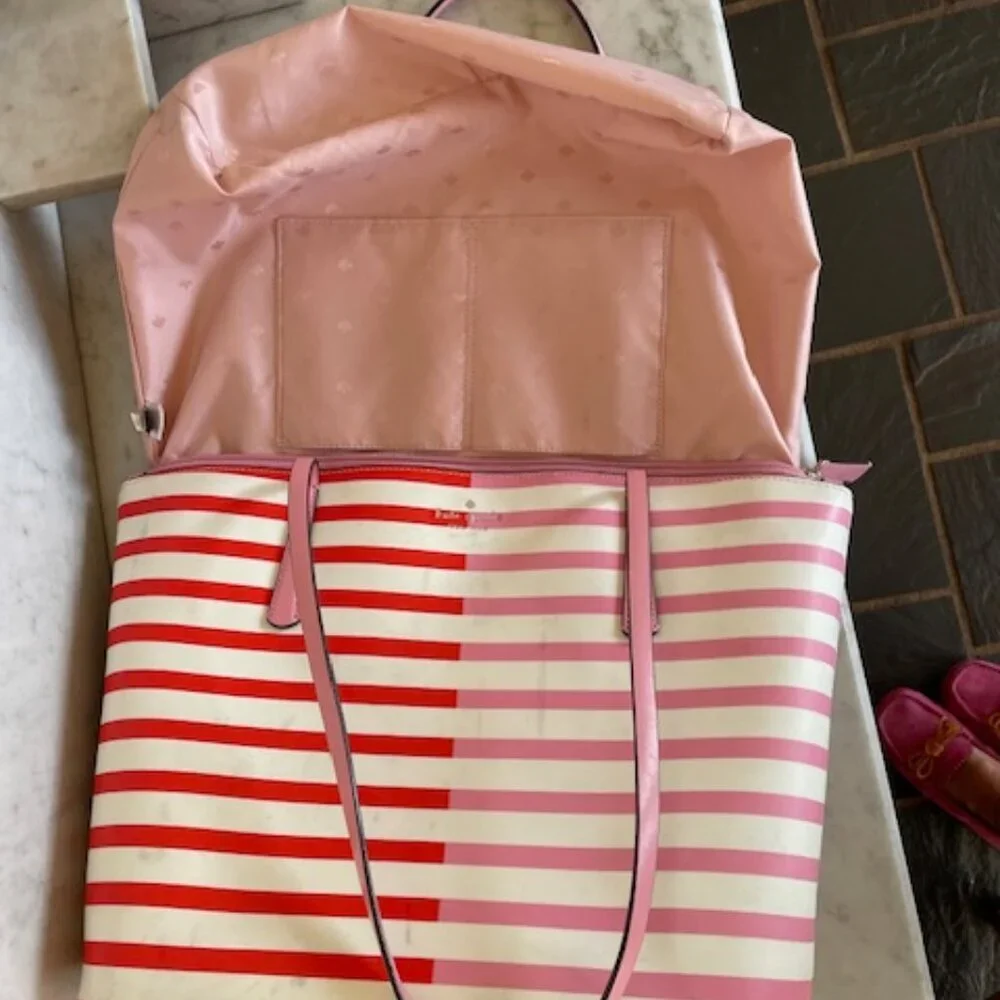 KATE SPADE New York Zina Red Pink White Stripe Large Coated Canvas Tote …
